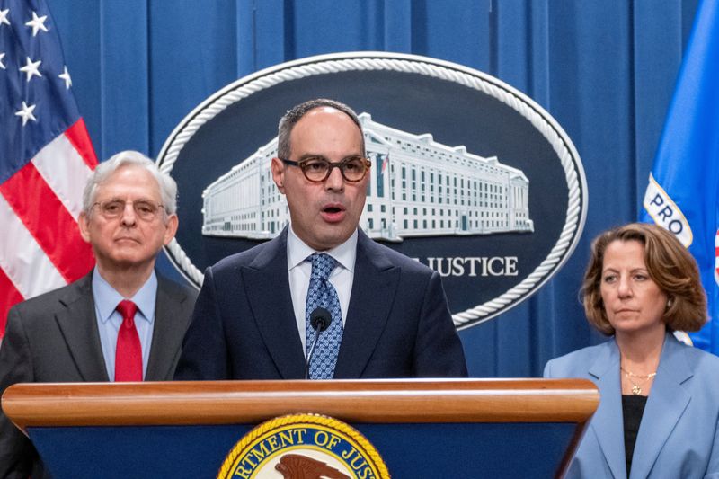 &copy; Reuters. U.S. Assistant Attorney General Jonathan Kanter speaks about the antitrust lawsuit against Live Nation Entertainment during a press conference as Attorney General Merrick Garland and Deputy Attorney General Lisa O. Monaco look on during a press conference