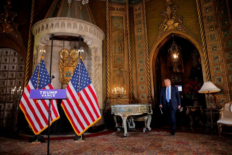 &copy; Reuters. U.S. President-elect Donald Trump arrives to deliver remarks at Mar-a-Lago in Palm Beach, Florida, U.S., December 16, 2024. REUTERS/Brian Snyder/File Photo