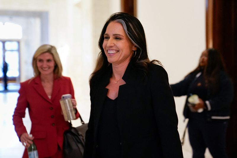 © Reuters. Tulsi Gabbard, U.S. President-elect Donald Trump’s nominee to be director of national intelligence, walks through Capitol Hill in Washington, U.S., December 17, 2024. REUTERS/Elizabeth Frantz