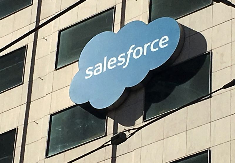 &copy; Reuters. FILE PHOTO: The Salesforce logo is pictured on a building in San Francisco, California, U.S. October 12, 2016. REUTERS/Lily Jamali/File Photo