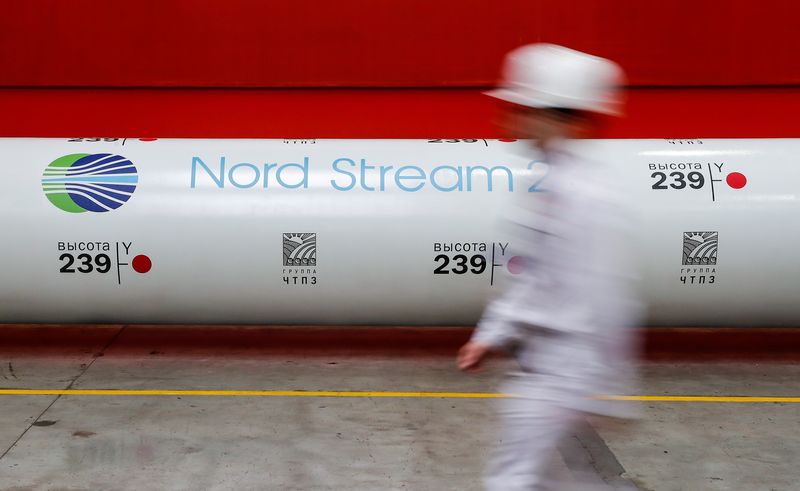 © Reuters. FILE PHOTO: The logo of the Nord Stream 2 gas pipeline project is seen on a large diameter pipe at Chelyabinsk Pipe Rolling Plant owned by ChelPipe Group in Chelyabinsk, Russia February 26, 2020. REUTERS/Maxim Shemetov/File Photo