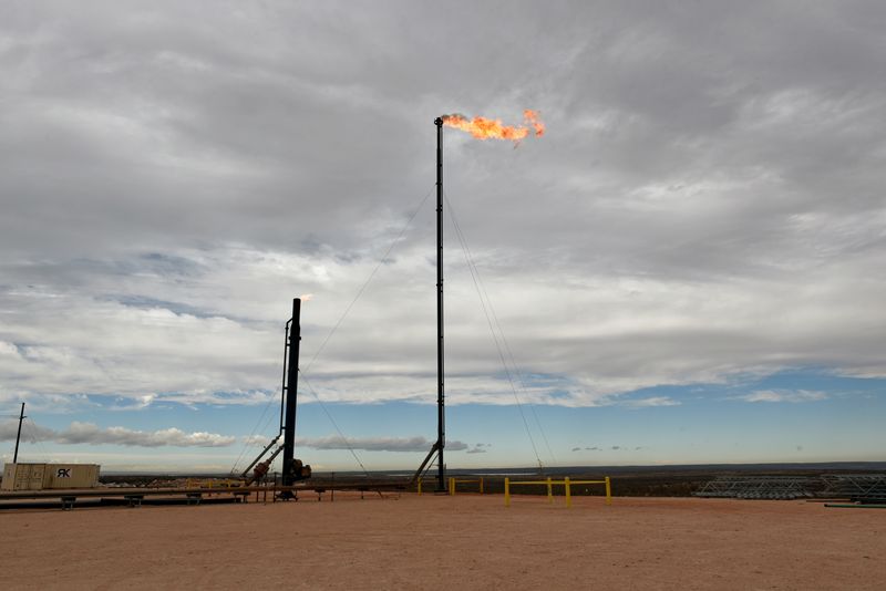 © Reuters. FILE PHOTO: Natural gas flares off at a production facility owned by Exxon near Carlsbad, New Mexico, U.S. February 11, 2019. REUTERS/Nick Oxford