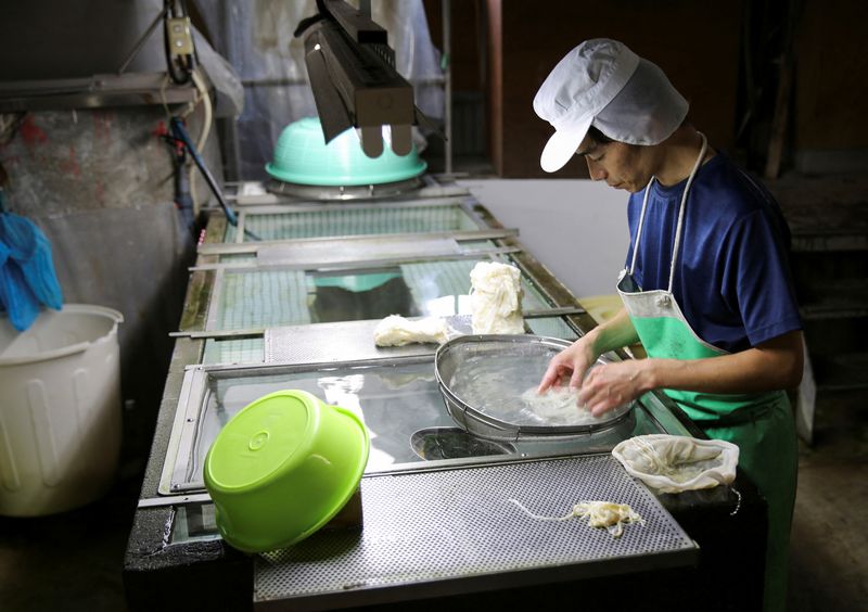 © Reuters. FILE PHOTO: A worker removes impurities from raw paper materials at the Kashiki Seishi factory in Ino, Kochi Prefecture, Japan August 9, 2024. REUTERS/Anton Bridge/File Photo