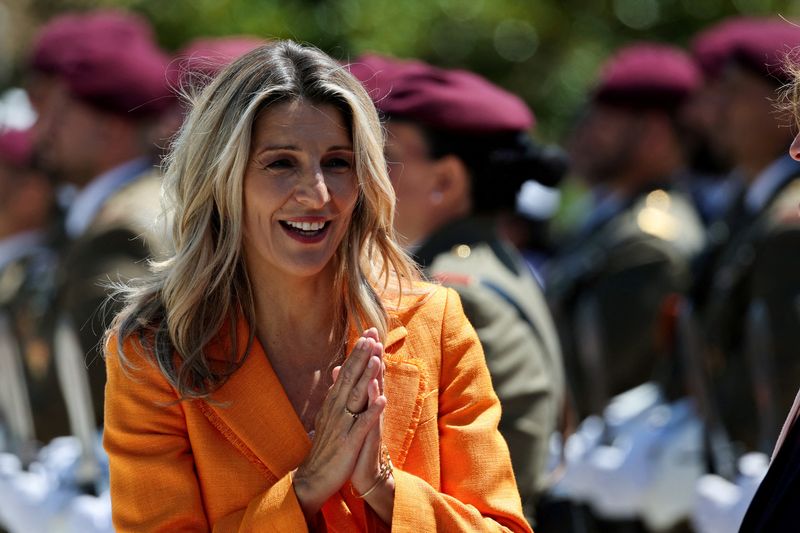 &copy; Reuters. FILE PHOTO: Spanish Labour Minister Yolanda Diaz gestures at an event whereby Spanish Prime Minister Pedro Sanchez welcomes Turkey's President Tayyip Erdogan in Madrid, Spain, June 13, 2024. REUTERS/Violeta Santos Moura/File Photo