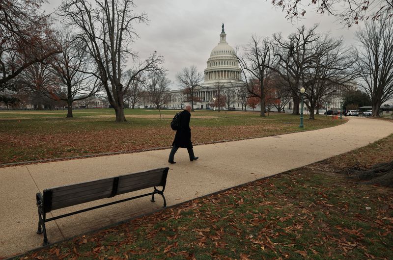 © Reuters. A man walks toward the Capitol on a day where a potential government shutdown looms during the holidays after a spending bill backed by Donald Trump failed in the U.S. House of Representatives, on Capitol Hill in Washington, U.S., December 20, 2024. REUTERS/Kevin Lamarque