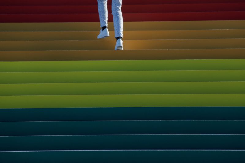 &copy; Reuters. FILE PHOTO: A person walks up a giant LGBTQ Pride Flag installed on the steps of Franklin D. Roosevelt Four Freedoms State Park to celebrate WorldPride in New York City, U.S., June 14, 2019. REUTERS/Andrew Kelly/File Photo