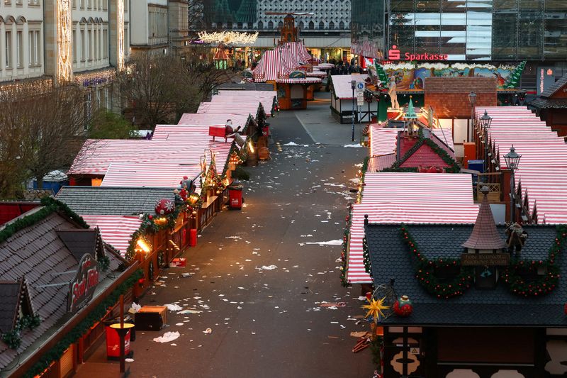 © Reuters. FILE PHOTO: Closed stalls stand at the site where a car drove into a crowd at a Magdeburg Christmas market in Magdeburg, Germany December 21, 2024. REUTERS/Christian Mang/File Photo