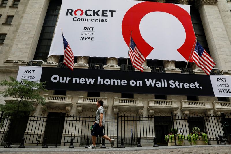 &copy; Reuters. FILE PHOTO: A banner celebrating Rocket Companies Inc., the parent company of U.S. mortgage lender Quicken Loans, IPO is seen on the front facade of the New York Stock Exchange (NYSE) in New York City, U.S., August 6, 2020. REUTERS/Brendan McDermid/File P