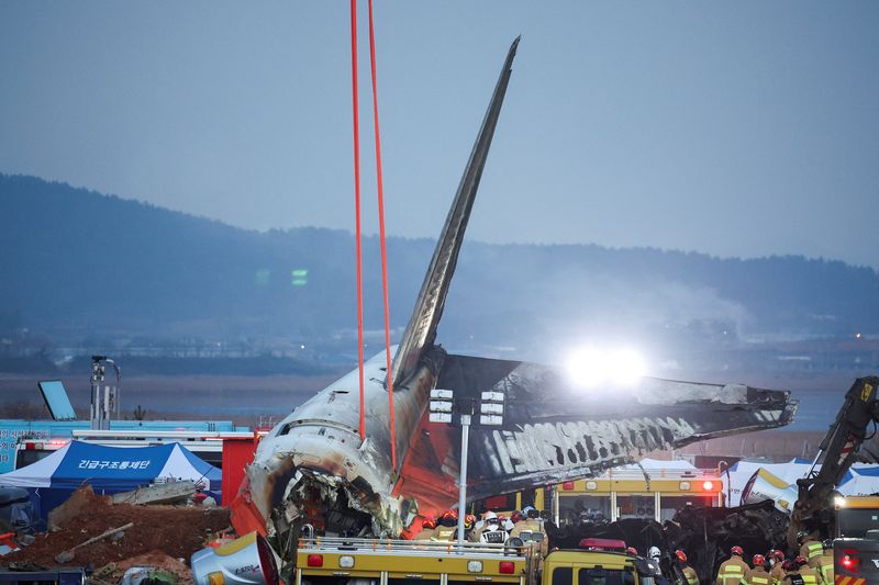 © Reuters. Efforts are made to lift the wreckage of a plane lying on the ground after it left the runway and crashed at Muan International Airport in Muan, South Korea, December 29, 2024. REUTERS/Kim Hong-Ji