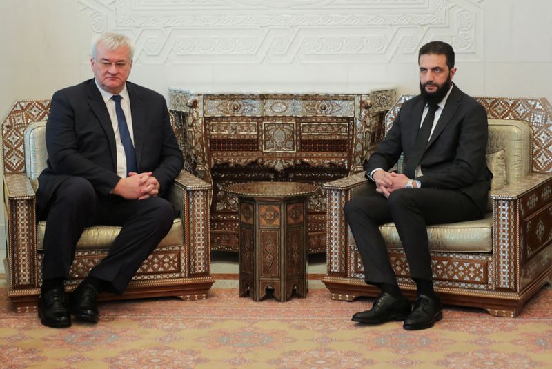 &copy; Reuters. Syria's de facto leader Ahmed al-Sharaa, also known as Abu Mohammed al-Golani looks on as he meets with senior Ukrainian delegation led by Ukrainian Foreign Minister Andrii Sybiha, after the ousting of Syria's Bashar al-Assad, in Damascus, Syria, December