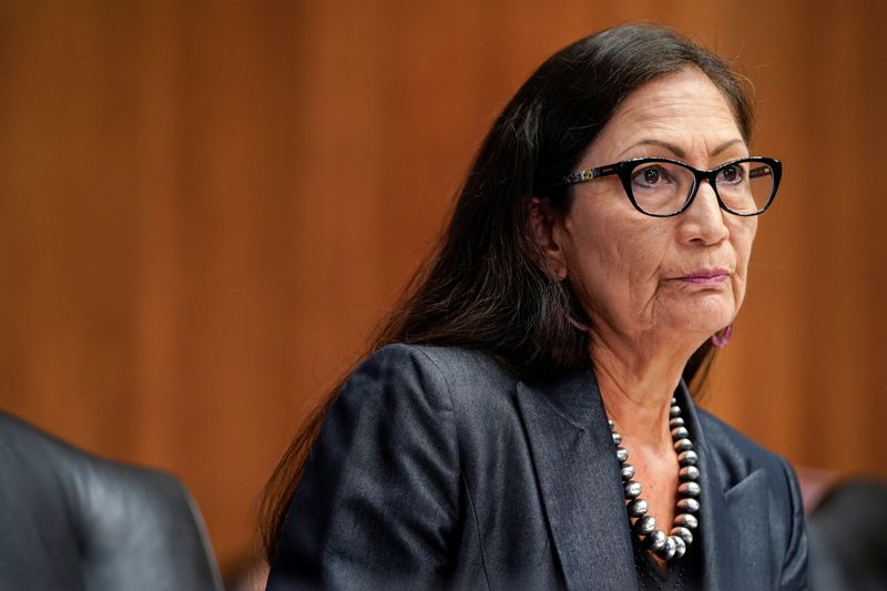 © Reuters. U.S. Secretary of Interior Deb Haaland attends a hearing on Capitol Hill in 2021. REUTERS/Joshua Roberts/File Photo