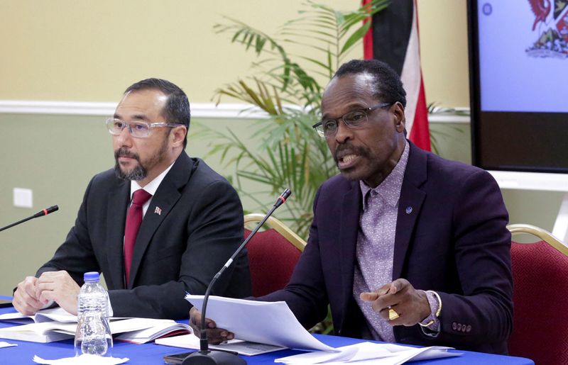 © Reuters. Acting Attorney General and Minister of Energy Stuart Young and Minister of National Security Fitzgerald Hinds hold a press conference at the National Security Ministry, in Port of Spain, Trinidad and Tobago, December 30, 2024. REUTERS/Andrea De Silva