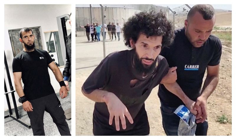 © Reuters. A combination image shows Palestinian Moazaz Obaiyat in an undated handout image as he trains in a gym, prior to his arrest, near Bethlehem and Obaiyat in a screengrab from video, as he walks after being released from an Israeli jail, near Hebron in the Israeli-occupied West Bank, July 8, 2024. Saddam Obaiyat/Handout and REUTERS TV/File photo