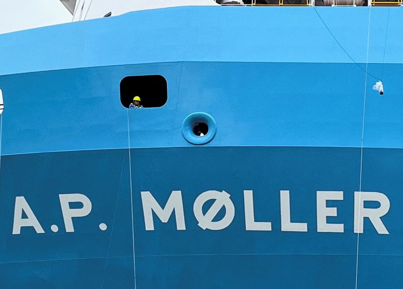 &copy; Reuters. FILE PHOTO: A view of the container vessel "A.P. Moller" as the global container shipping firm A.P. Moller-Maersk officially launches the dual-fuelled methanol container vessel as part of her maiden voyage from Asia to Europe, in Singapore, November 28, 2