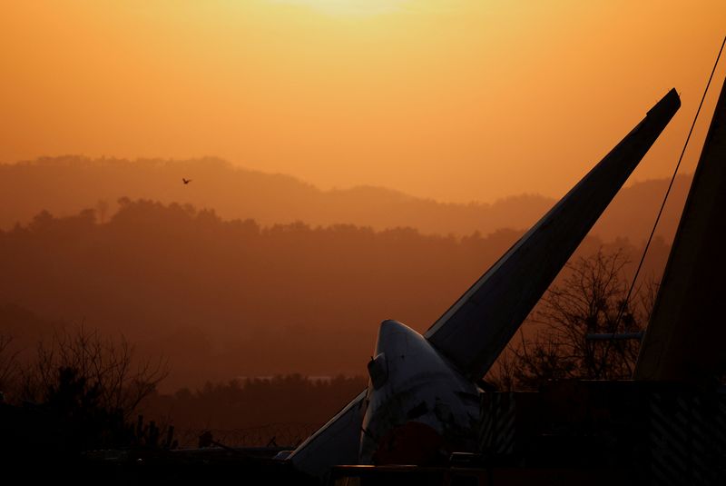 © Reuters. FILE PHOTO: A bird flies by as the sun rises behind the aircraft that crashed after it went off the runway, at Muan International Airport, in Muan, South Korea, December 31, 2024. REUTERS/Kim Hong-Ji/File Photo