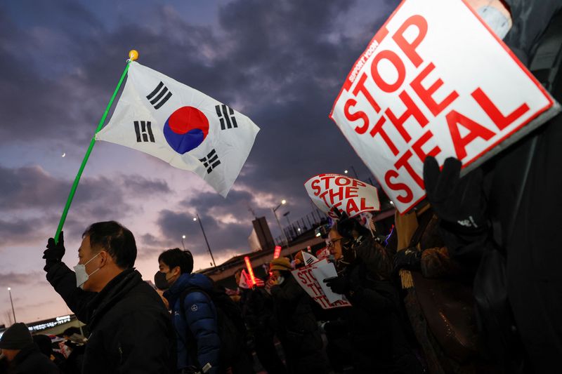 © Reuters. Pro-Yoon protesters hold South Korean flags and 'STOP THE STEAL' signs during a rally near impeached South Korean President Yoon Suk Yeol's official residence, after investigators were unable to execute an arrest warrant on Friday for Yeol, according to the Corruption Investigation Office for High-ranking Officials, in Seoul, South Korea, January 3, 2025. REUTERS/Kim Soo-hyeon