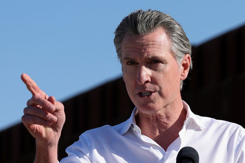 © Reuters. FILE PHOTO: California Governor Gavin Newsom speaks on transnational commerce and border security while visiting the U.S.- Mexico border in San Diego, California, U.S. December 5, 2024. REUTERS/Mike Blake/File photo