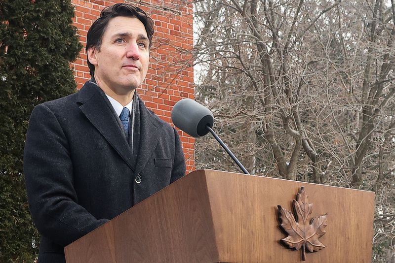 &copy; Reuters. Canada's Prime Minister Justin Trudeau speaks to reporters, announcing he intends to step down as Liberal Party leader, but he will stay on in his post until a replacement has been chosen, from his Rideau Cottage residence in Ottawa, Ontario, Canada, Janu