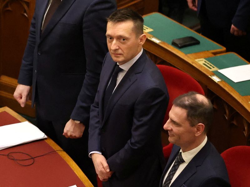 © Reuters. FILE PHOTO: Antal Rogan, Cabinet Chief Minister is seen as the newly elected Hungarian President Tamas Sulyos takes his oath in the parliament building in Budapest, Hungary, February 26, 2024. REUTERS/Bernadett Szabo/File Photo