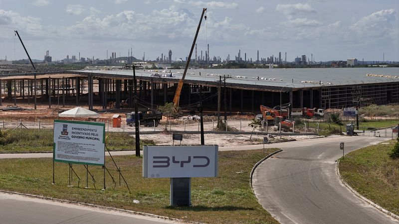 © Reuters. FILE PHOTO: A drone view shows BYD's new electric vehicle (EV) factory's construction site in Camacari, Brazil December 26, 2024. REUTERS/Joa Souza/File photo