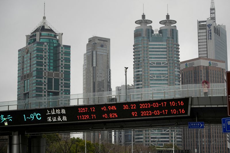 © Reuters. FILE PHOTO: An electronic board shows Shanghai and Shenzhen stock indices at the Lujiazui financial district in Shanghai, China, March 17, 2023. REUTERS/Aly Song/File Photo