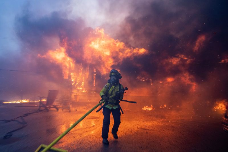 © Reuters. A firefighter battles the Palisades Fire as it burns during a windstorm on the west side of Los Angeles, California, U.S. January 7, 2025. REUTERS/Ringo Chiu