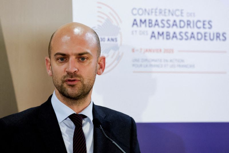 &copy; Reuters. FILE PHOTO: France's Minister for Europe and Foreign Affairs Jean-Noel Barrot delivers a speech during the annual conference of French ambassadors at the International Conference Centre of the French Foreign Affairs ministry in Paris, France on January 6,