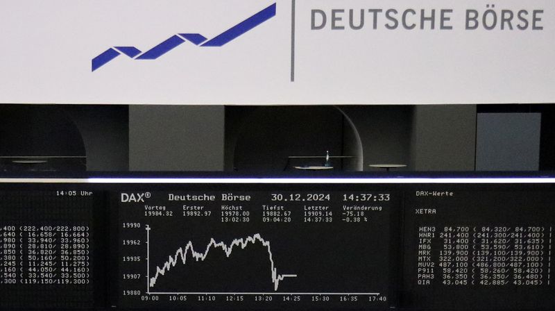 © Reuters. FILE PHOTO: German share price index DAX graph is pictured at the stock exchange in Frankfurt, Germany, December 30, 2024.    REUTERS/Staff/File Photo