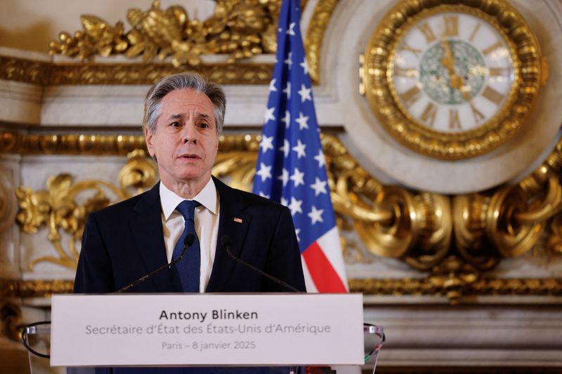 &copy; Reuters. US Secretary of State Antony Blinken delivers remarks after meeting with the French Minister for Europe and Foreign Affairs at the Quai d'Orsay in Paris, on January 8, 2025. LUDOVIC MARIN/Pool via REUTERS