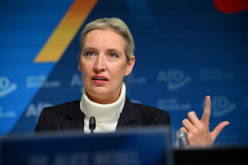 &copy; Reuters. FILE PHOTO: Alice Weidel, co-leader of the Alternative for Germany party (AfD), speaks at a press conference, on the day she is expected to be announced as officially nominated candidate for Chancellor for the upcoming general elections, in Berlin, German