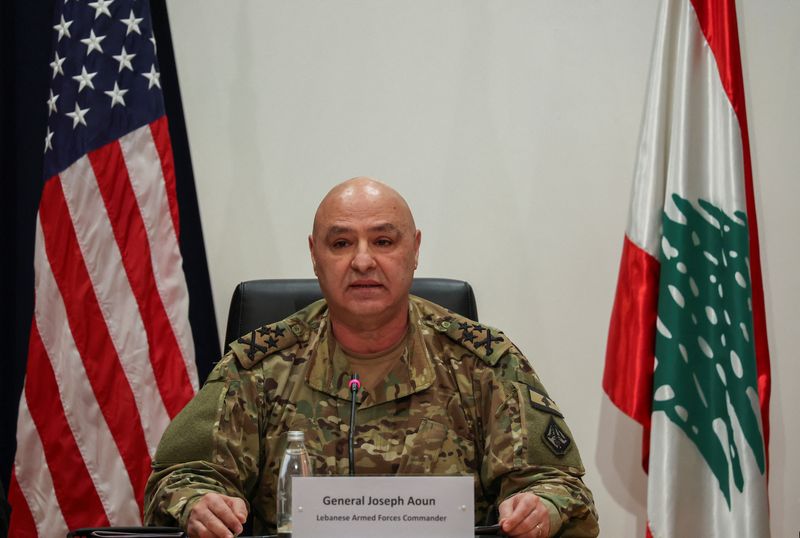 &copy; Reuters. FILE PHOTO: Lebanon's Army chief General Joseph Aoun, speaks during a news conference to launch a Livelihood Support Program for the Lebanese army and Internal Security Forces (ISF) hosted by the United Nations Development Programme (UNDP) in partnership 