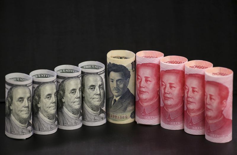 © Reuters. FILE PHOTO: U.S. 100-dollar banknotes, Chinese 100-yuan banknotes, and a Japanese 1000-yen banknote, are seen in a picture illustration in Beijing, China, January 21, 2016. REUTERS/Jason Lee/File Photo