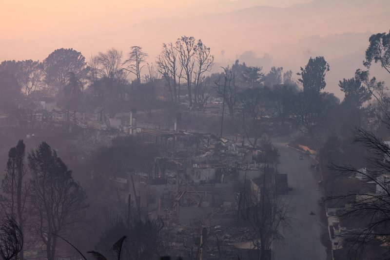 &copy; Reuters. Houses burned down by the Palisades Fire are seen in the Pacific Palisades neighborhood, in Los Angeles, California, U.S. January 9, 2025. REUTERS/Mike Blake