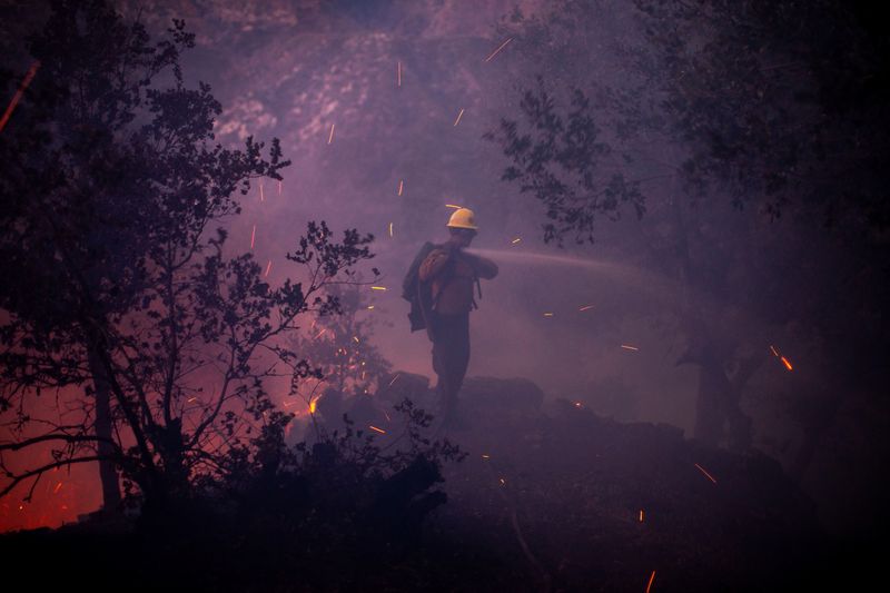 © Reuters. Wind whips embers as a firefighter battles the blaze in the Angeles National Forest near Mount Wilson as wildfires burn in the Los Angeles area, during the Eaton Fire in Altadena, California, US on January 9, 2025. REUTERS/Ringo Chiu