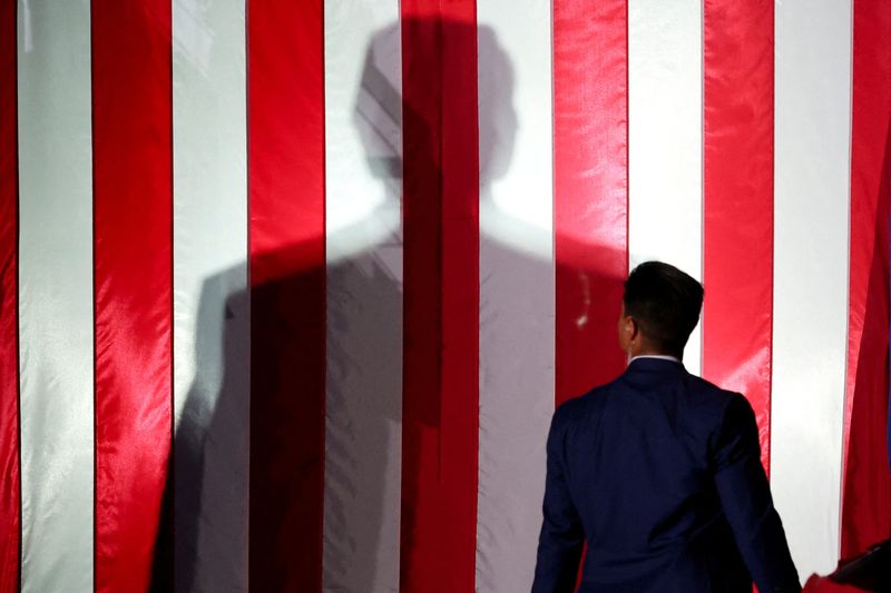 &copy; Reuters. FILE PHOTO: The shadow of U.S. President-elect Donald Trump is projected on an American flag as he attends a rally in Green Bay, Wisconsin, U.S., October 30, 2024. REUTERS/Brendan McDermid/File Photo