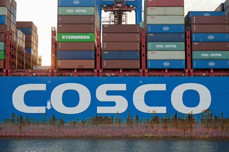 &copy; Reuters. FILE PHOTO: Cargo ship 'Cosco Shipping Gemini' of Chinese shipping company 'Cosco' is loaded at the container terminal 'Tollerort' in the port in Hamburg, Germany, October 25, 2022. REUTERS/Fabian Bimmer/File Photo