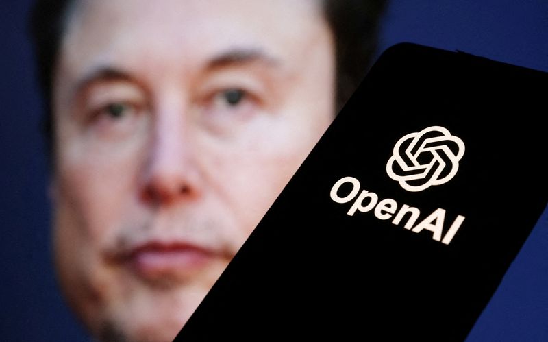 © Reuters. FILE PHOTO: OpenAI logo is seen in front of Elon Musk photo in this illustration taken March 11, 2024. REUTERS/Dado Ruvic/Illustration/File Photo