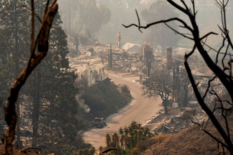 © Reuters. A burnt car stands amidst remains of homes following the Palisades Fire in the Pacific Palisades neighborhood in Los Angeles, California, U.S. January 10, 2025. REUTERS/David Ryder