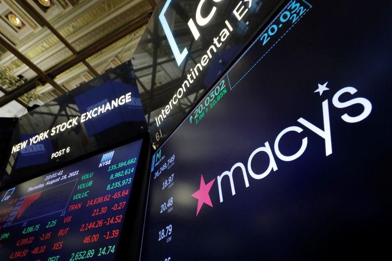 &copy; Reuters. FILE PHOTO: The Macy's logo is displayed on the trading floor at the New York Stock Exchange (NYSE) in Manhattan, New York City, U.S., August 19, 2021. REUTERS/Andrew Kelly/File Photo