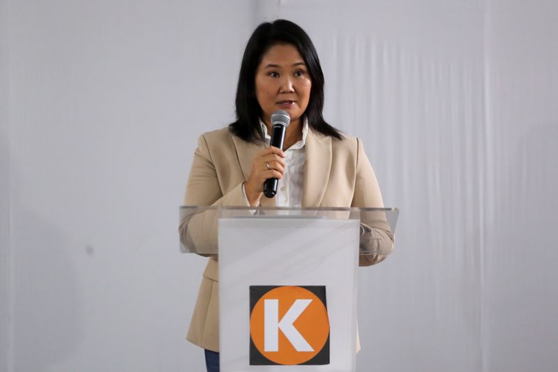 &copy; Reuters. FILE PHOTO: Peru's conservative Keiko Fujimori addresses the media in Lima, Peru July 19, 2021. REUTERS/Sebastian Castaneda/File Photo