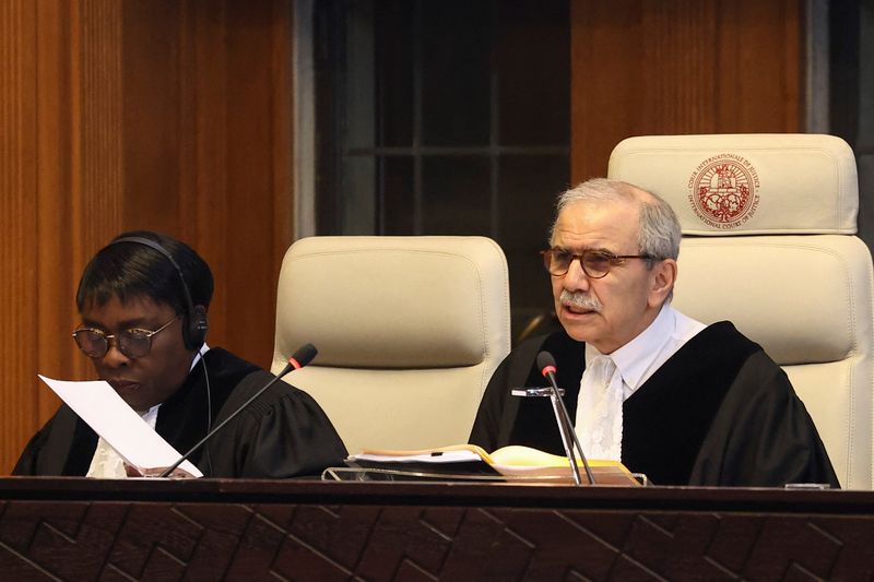 &copy; Reuters. FILE PHOTO: Judge Nawaf Salam, president of the International Court of Justice (ICJ) speaks at the ICJ, in The Hague, Netherlands May 17, 2024. REUTERS/Yves Herman/File Photo