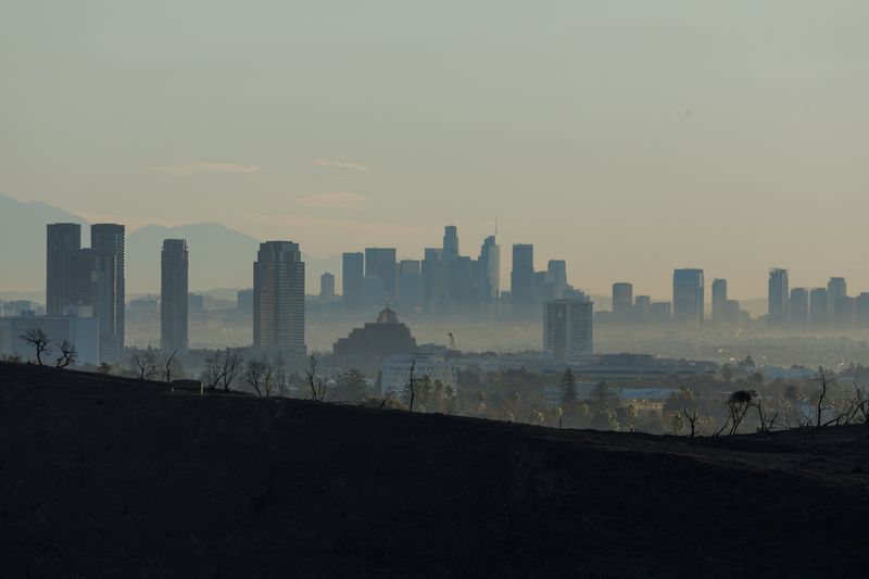 © Reuters. The Los Angeles skyline is seen after the Palisades Fire in the Palisades neighborhood of Los Angeles, California, U.S. January 13, 2025. REUTERS/Mike Blake