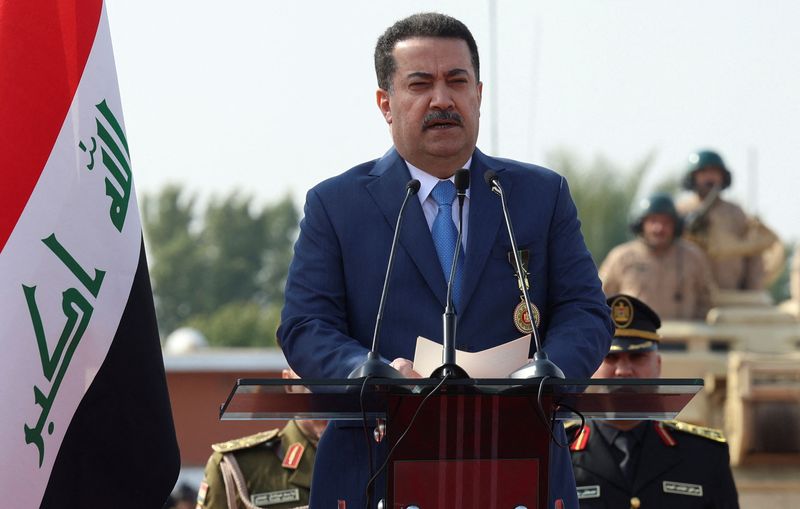 &copy; Reuters. FILE PHOTO: Iraqi Prime Minister Mohammed Shia Al-Sudani speaks during a military parade to celebrate the 104th anniversary of the founding of the Iraqi army, at the Camp Taji military base on the outskirts of Baghdad, Iraq, January 6, 2025. REUTERS/Ahmed