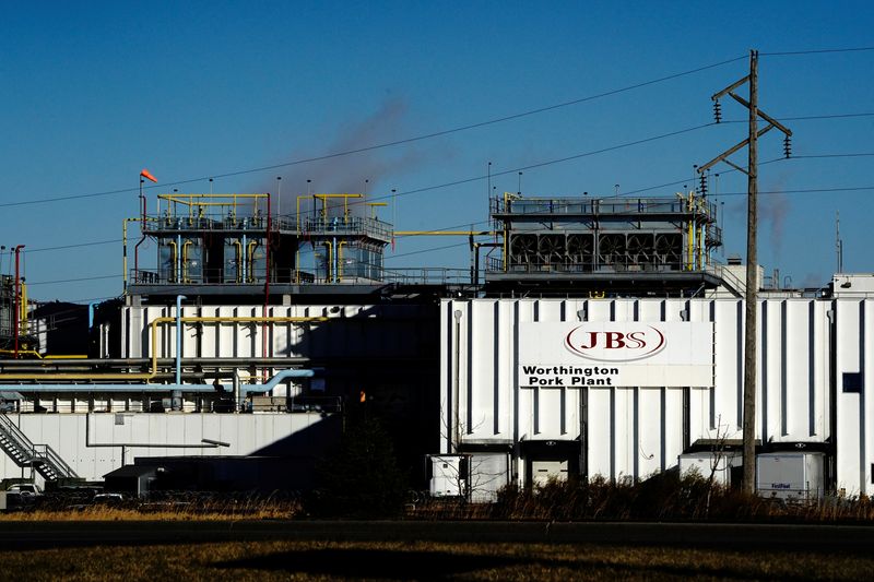 &copy; Reuters. FILE PHOTO: A general view of the JBS USA Worthington pork plant, as the coronavirus disease (COVID-19) outbreak continues in Worthington, Minnesota, U.S., October 28, 2020. REUTERS/Bing Guan/File Photo