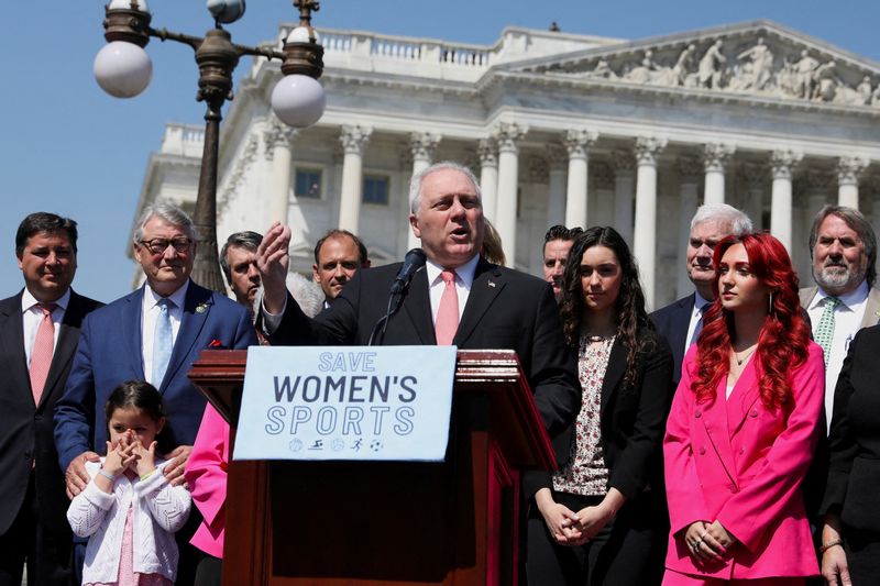 &copy; Reuters. FILE PHOTO: House Majority Leader Steve Scalise (R-LA) speaks at a news conference with female athletes, following the expected House passage of the "Protection of Women and Girls in Sports" Act, on Capitol Hill in Washington, U.S., April 20, 2023. REUTER