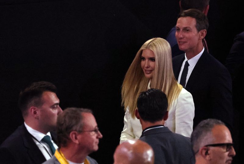 &copy; Reuters. Jared Kushner and Ivanka Trump walk on Day 4 of the Republican National Convention (RNC), at the Fiserv Forum in Milwaukee, Wisconsin, U.S., July 18, 2024. REUTERS/Jeenah Moon