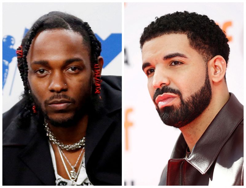 &copy; Reuters. FILE PHOTO: Rappers Kendrick Lamar (L) and Drake are pictured in Inglewood, California, U.S., on August 27, 2017 and in Toronto, Ontario, Canada, September 9, 2017 respectively in this combination photo.  REUTERS/Danny Moloshok (L) and REUTERS/Mark Blinch