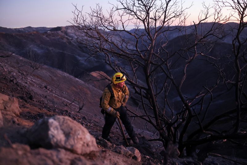 &copy; Reuters. A member of a CalFire crew looks into the distance while working to mop up hotspots from the burn scar of the Palisades Fire near Mulholland Drive in Los Angeles, California, U.S., January 15, 2025. REUTERS/David Swanson