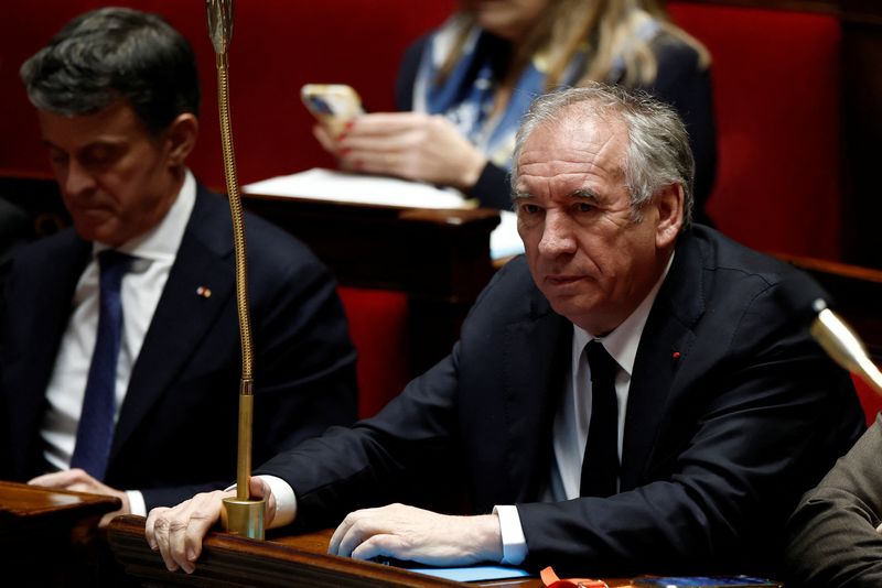 &copy; Reuters. French Prime Minister Francois Bayrou and Minister for Overseas Territories Manuel Valls attend a debate on a motion of no-confidence against the French government, tabled by members of parliament of La France Insoumise (France Unbowed - LFI) parliamentar