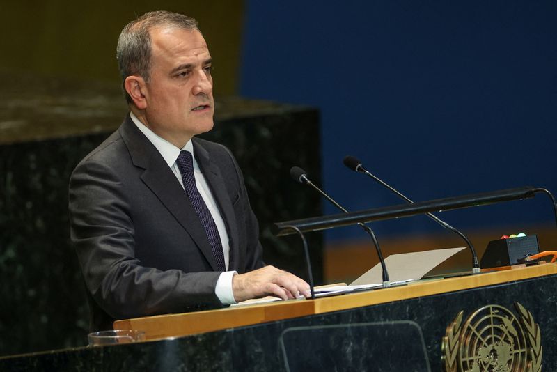 &copy; Reuters. FILE PHOTO: Jeyhun Bayramov, Minister of Foreign Affairs of Azerbaijan, addresses the "Summit of the Future" in the General Assembly Hall of the United Nations Headquarters in New York City, U.S., September 23, 2024. REUTERS/Caitlin Ochs/File Photo